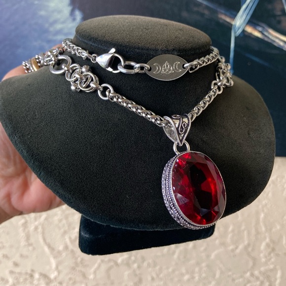 925 sterling silver overlay charm red garnet cz stone stainless steel necklace - Picture 3 of 16